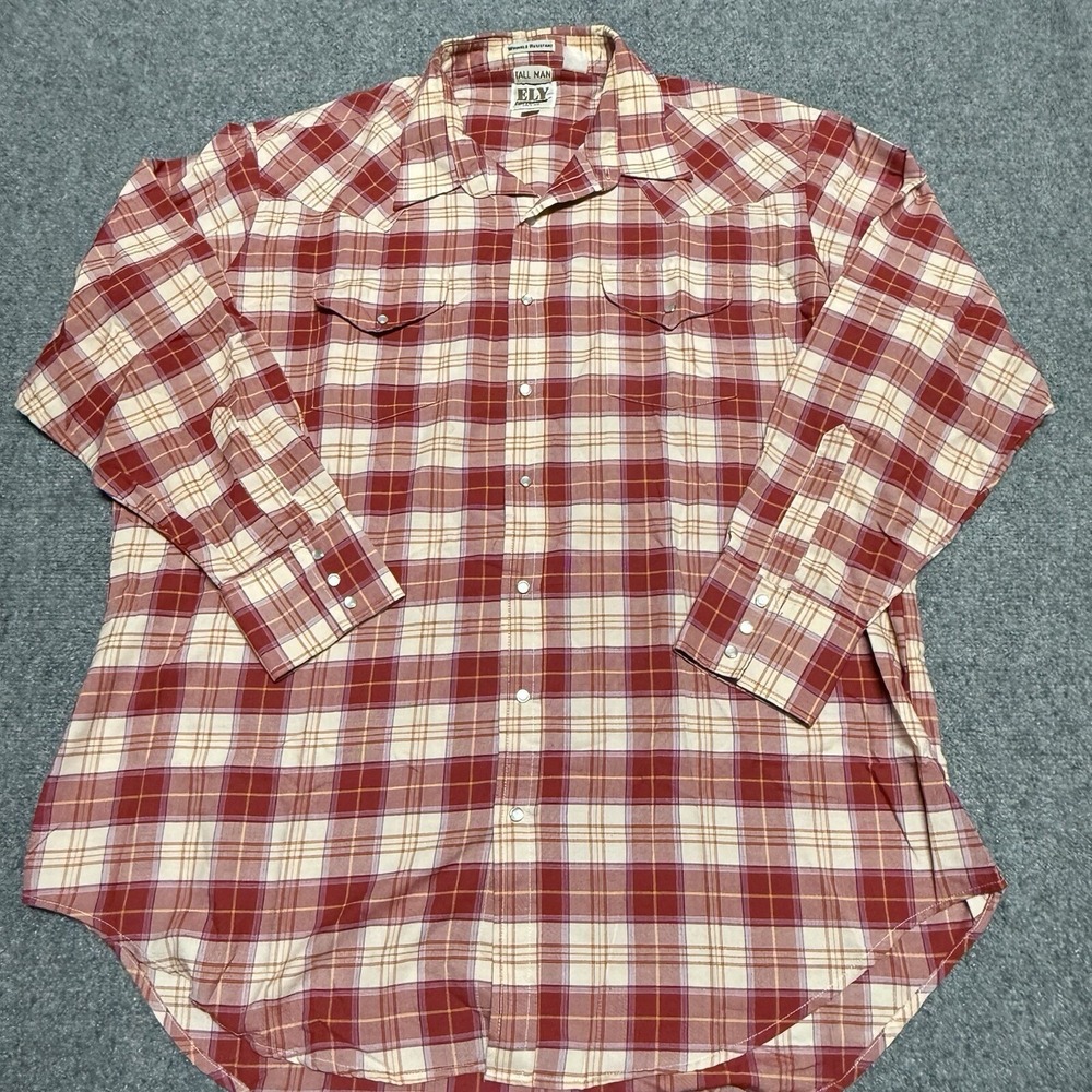 Ely Cattleman Western Shirt Mens XLT Red Plaid Pearl Snap Cowboy Tall 18.5 36